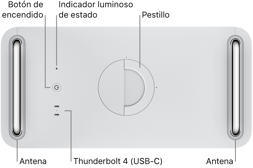 La parte superior del Mac Pro con el botón de encendido, un indicador luminoso de estado, el cierre, dos puertos Thunderbolt 4 (USB-C) y dos antenas, una a la izquierda y otra a la derecha.