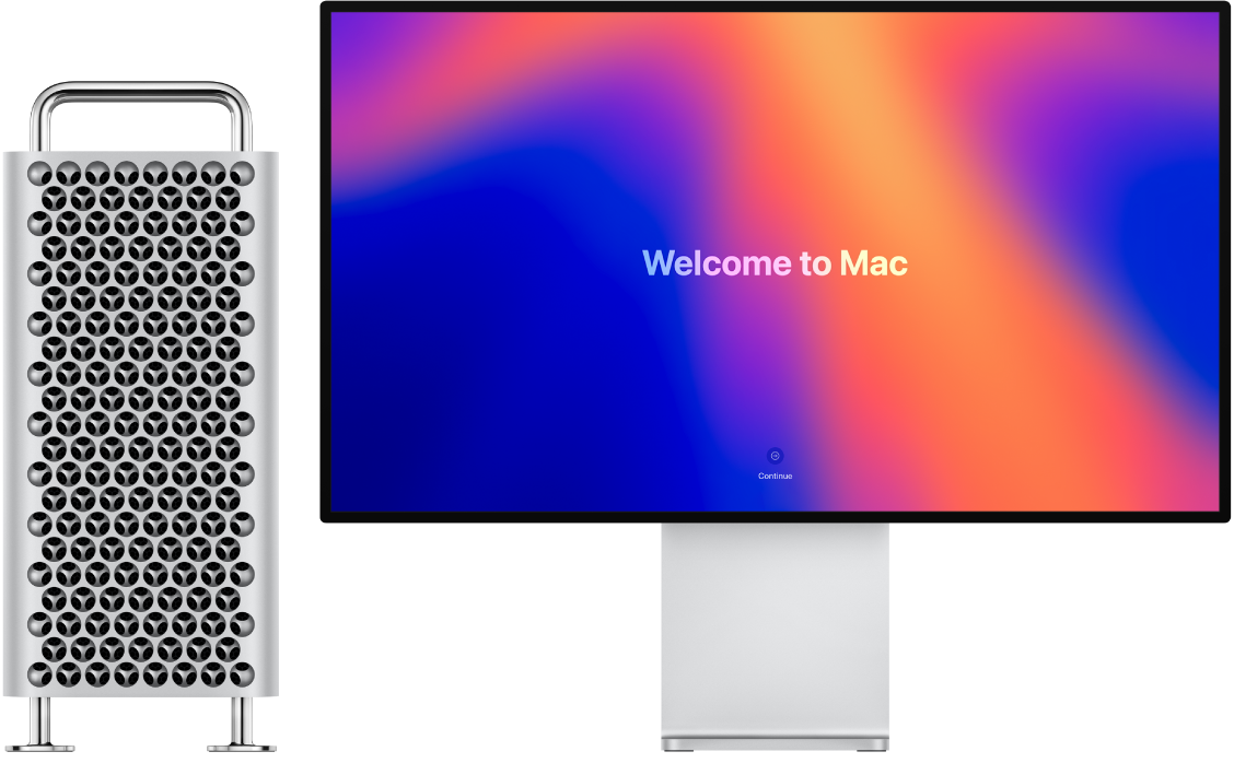 Una pantalla Pro Display XDR con un Mac Pro al lado y la palabra “Te damos la bienvenida al Mac” en la pantalla.