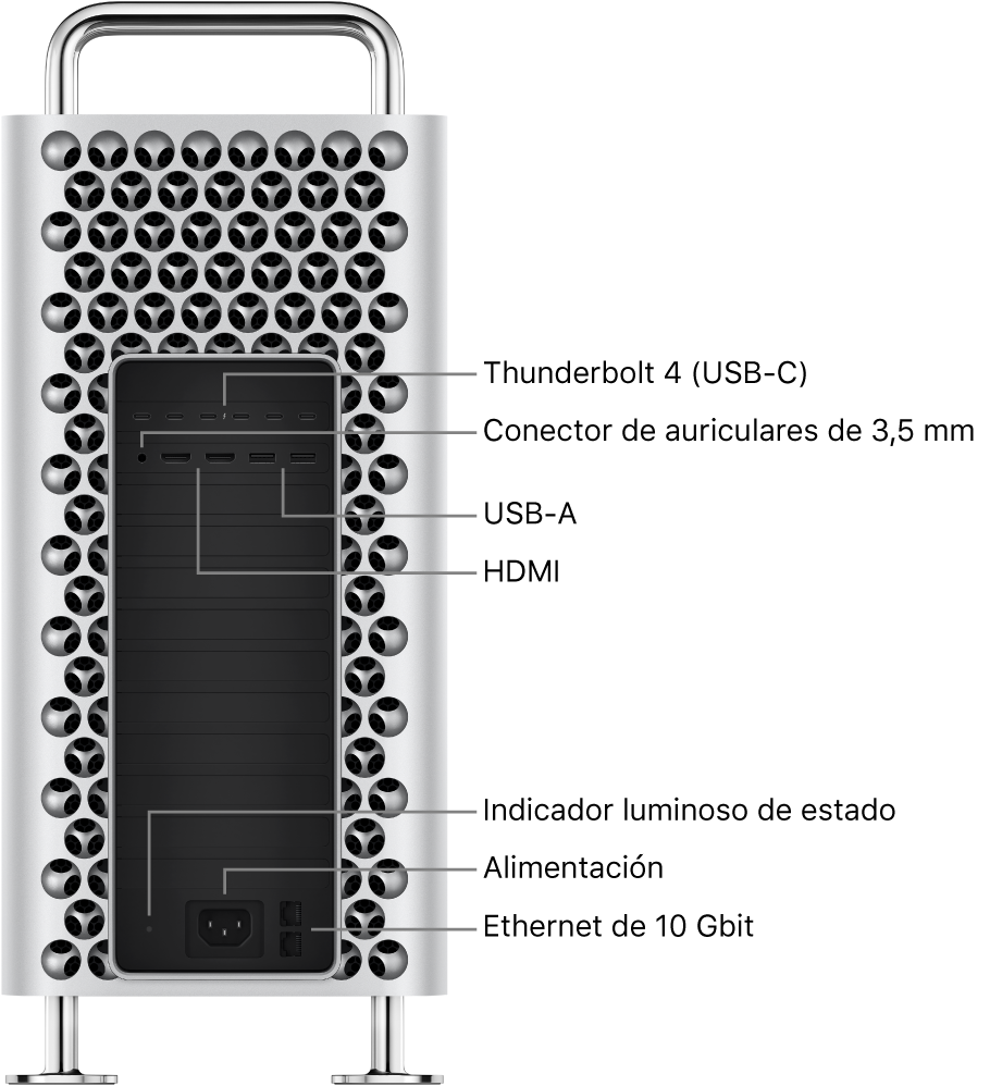 Vista lateral del Mac Pro con sus seis puertos Thunderbolt 4 (USB-C), la toma de auriculares de 3,5 mm, dos puertos USB-A, dos puertos HDMI, un indicador luminoso de estado, un puerto de alimentación y dos puertos Ethernet 10 Gigabit.