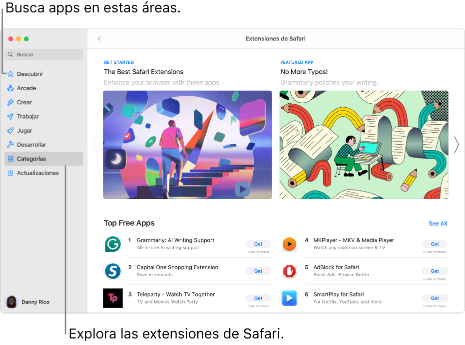 La página de extensiones de Safari de Mac App Store. La barra lateral de la izquierda incluye enlaces a otras páginas: Descubrir, Arcade, Crear, Trabajar, Jugar, Desarrollar, Categorías y Actualizaciones. En la parte derecha están las extensiones de Safari disponibles.