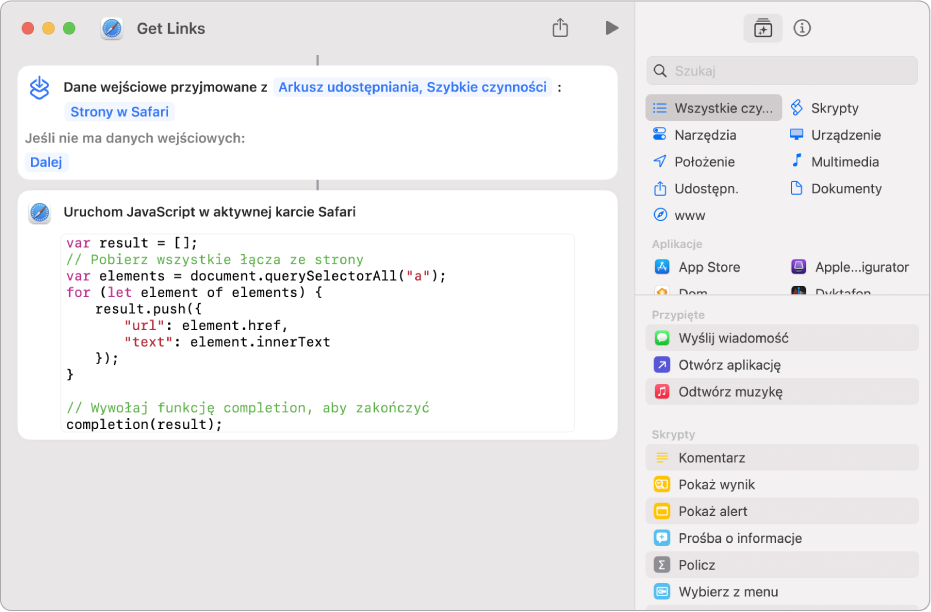Czynność Uruchom JavaScript na stronie www w edytorze skrótów.