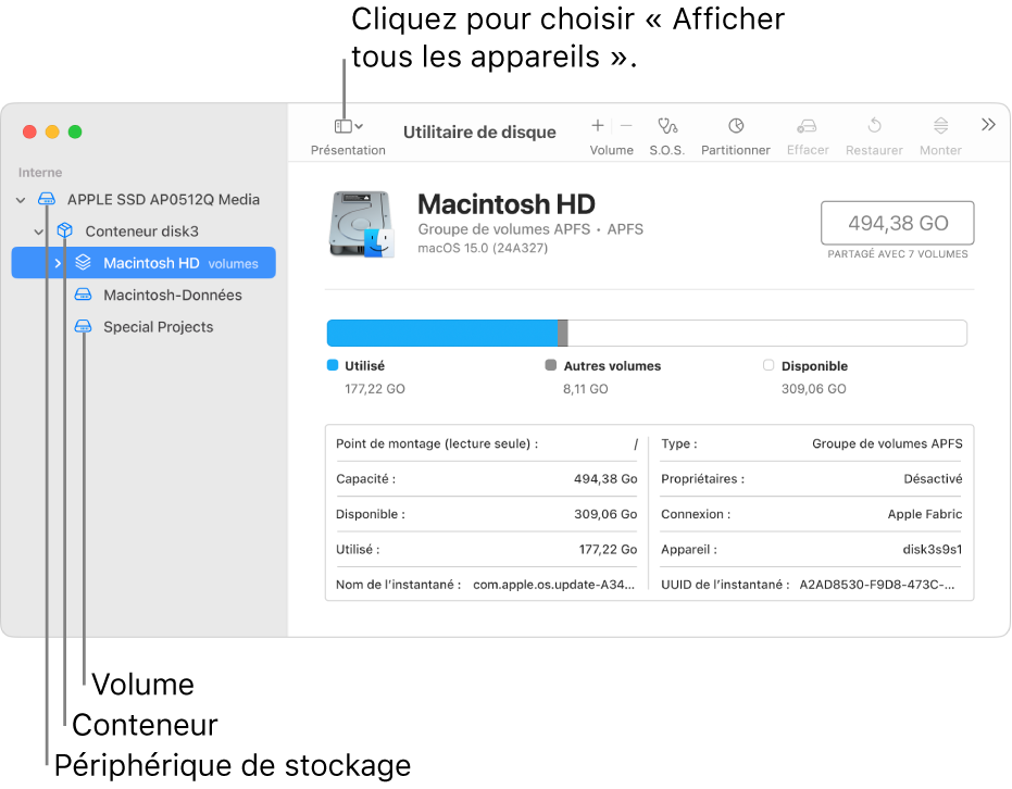 Une fenêtre Utilitaire de disque affichant trois volumes, un conteneur et un périphérique de stockage en présentation « Afficher tous les appareils ».
