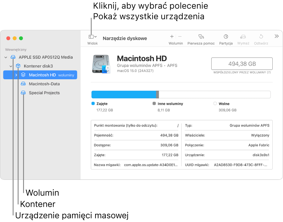 Okno Narzędzi dyskowych z trzema woluminami, kontenerem oraz urządzeniem pamięci masowej w widoku Pokaż wszystkie urządzenia.