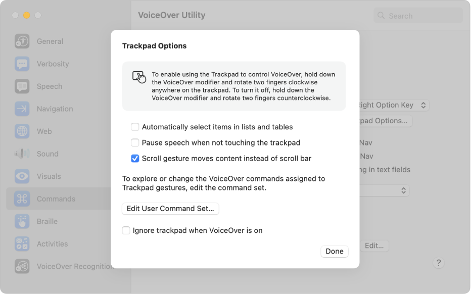 Cuadro de diálogo de la app Utilidad VoiceOver con ajustes para usar el trackpad para controlar VoiceOver.