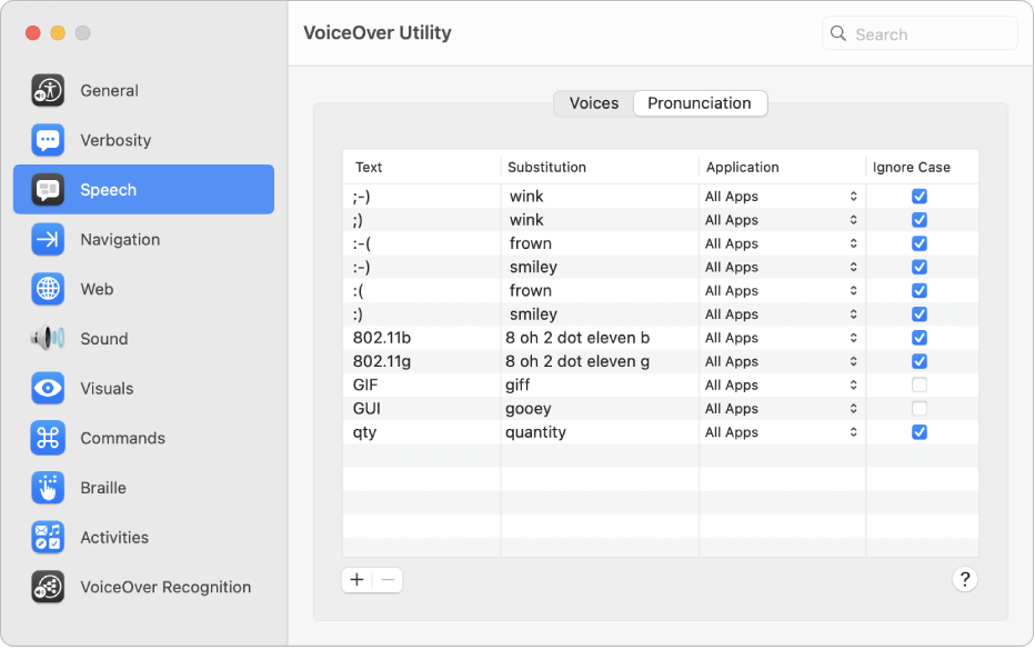 En el panel Pronunciación de la categoría Habla de la app Utilidad VoiceOver, se muestran ajustes que definen cómo debería pronunciar VoiceOver determinados emoticonos, números y abreviaciones.