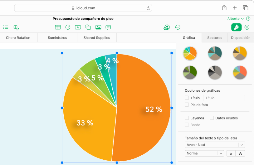 Se selecciona una gráfica circular con porcentajes en cada sección; se abre la pestaña Gráfica de la barra lateral Formato, que muestra opciones para cambiar el estilo, el tipo de letra del texto, etc.
