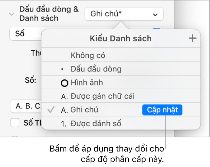 Menu bật lên Kiểu danh sách có nút Cập nhật bên cạnh tên của kiểu mới.