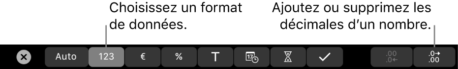 La Touch Bar d’un MacBook Pro avec les commandes pour choisir un format de données et ajouter ou supprimer des décimales pour un nombre.