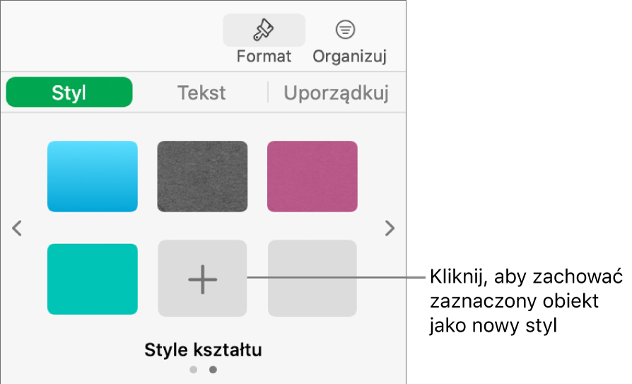 Karta Styl na pasku bocznym Format, zawierający cztery style obrazka, przycisk Utwórz styl, a także jedno puste pole przeznaczone na styl.