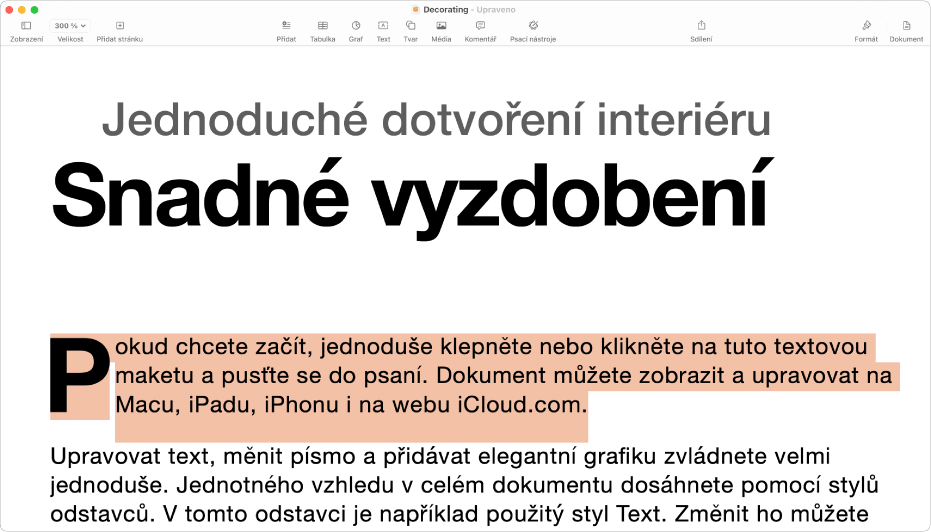 V otevřeném dokumentu s vybraným textem makety šablony