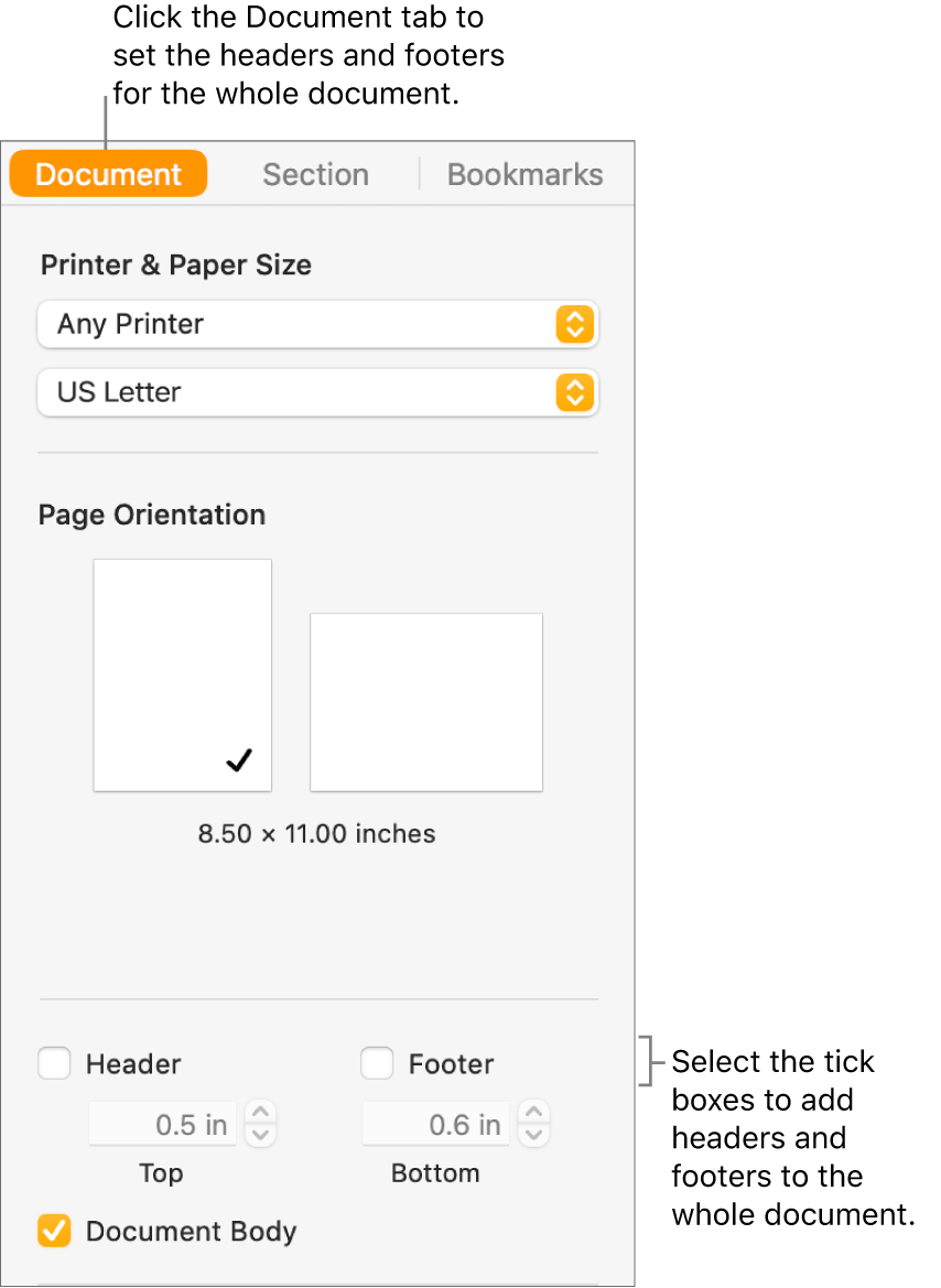 The Document sidebar with the Document tab at the top of the sidebar selected. Below the Header and Footer tickboxes are arrows to change the distance of headers and footers from the top and bottom of the page.
