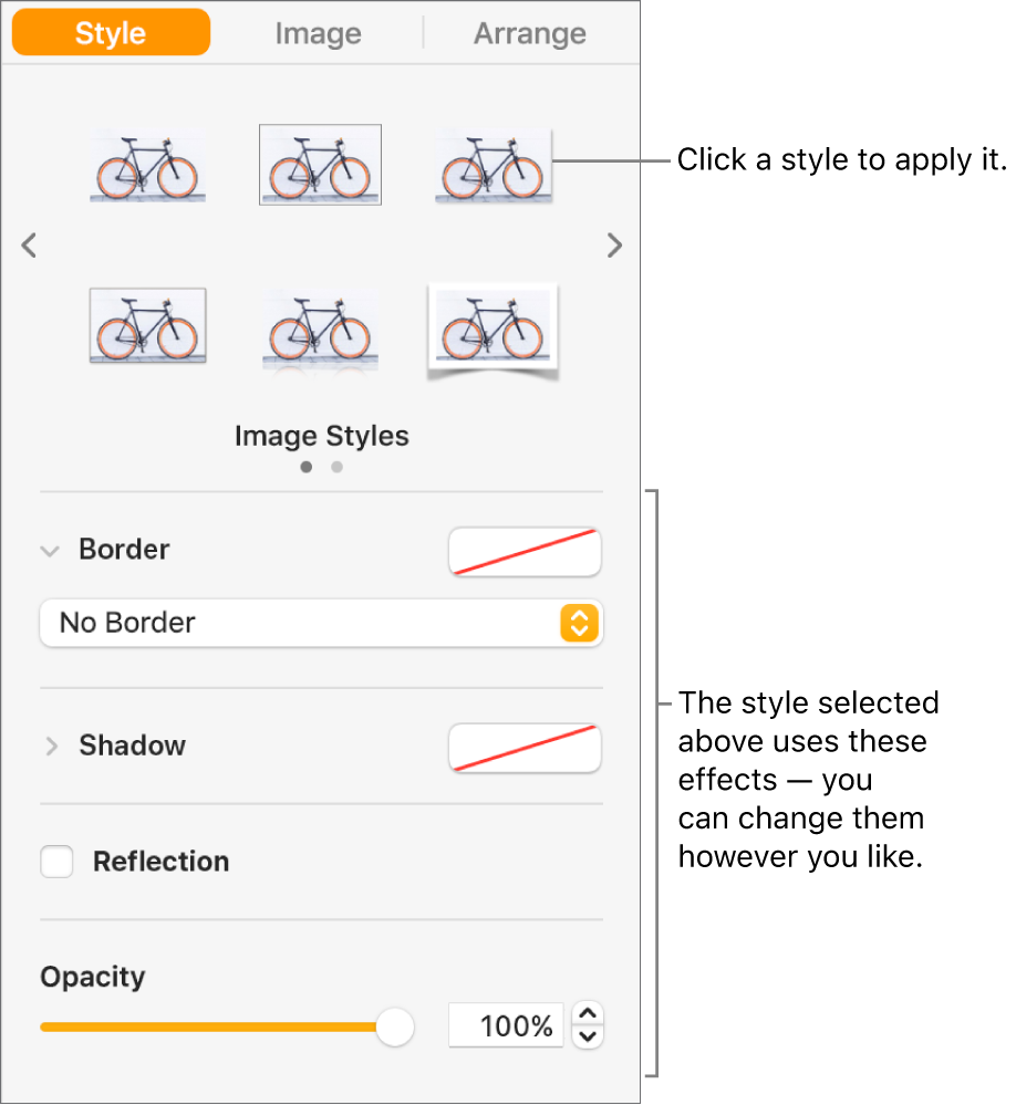 The Style tab of the Format sidebar showing object style options.