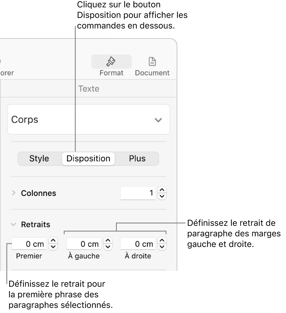 Commandes dans la section Disposition de la barre latérale Formats, permettant de définir le retrait de première ligne.