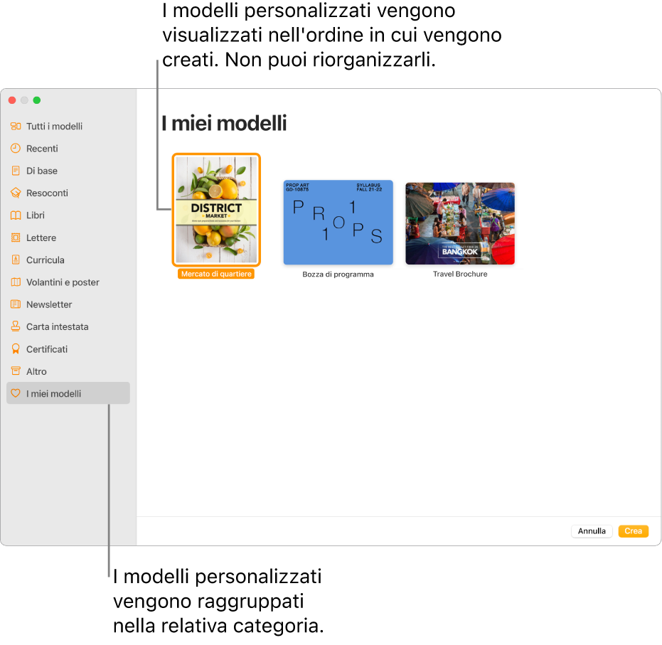 “Scelta modelli” con “I miei modelli” come ultima categoria a sinistra. I modelli personalizzati vengono visualizzati nell’ordine in cui sono stati creati e non possono essere riordinati.
