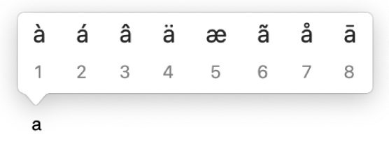 アクセントメニューが開き、文字「a」に付けるアクセント記号やその他のダイアクリティカルマークのオプションが表示されている。