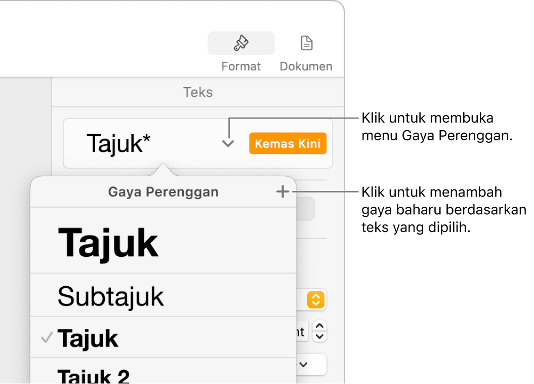 Menu Gaya Perenggan, menunjukkan kawalan untuk menambah atau menukar gaya.