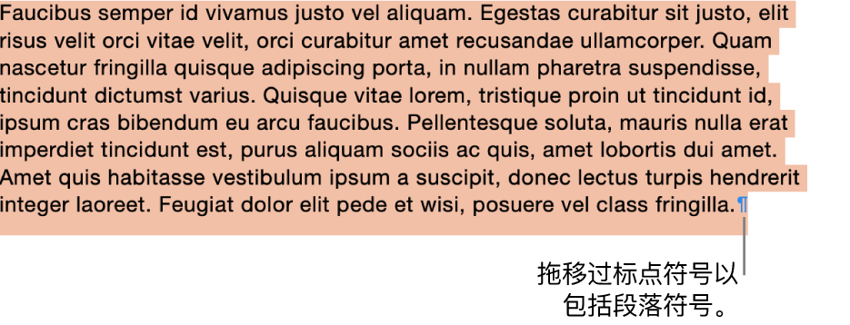 选中一个段落，所选部分中包括段落符号。