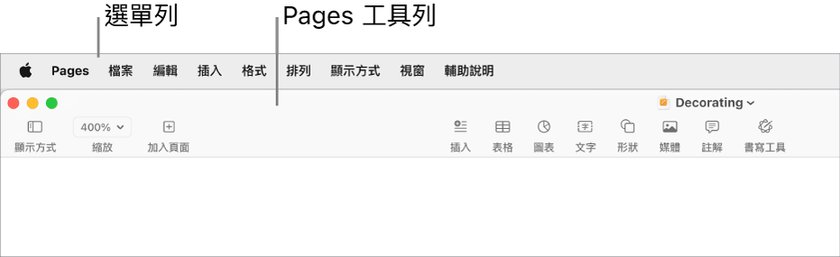 螢幕最上方的選單列,其中包含「蘋果」、Pages、「檔案」、「編輯」、「插入」、「格式」、「排列」、「顯示方式」、「視窗」和「輔助說明」選單。選單列下方為打開的 Pages 文件,最上方分別為「顯示方式」、「縮放」、「加入頁面」、「插入」、「表格」、「圖表」、「文字」、「形狀」、「媒體」、「註解」、「分享」和「格式」的工具列按鈕。