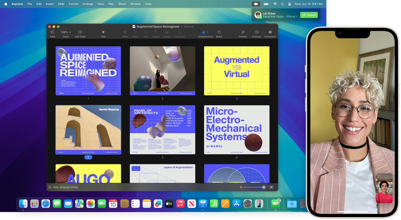 مكالمة فيس تايم على iPhone بجوار سطح مكتب Mac مع نافذة Keynote مفتوحة. في الزاوية العلوية اليسرى من Mac، يوجد زر لتبديل مكالمة فيس تايم إلى Mac.