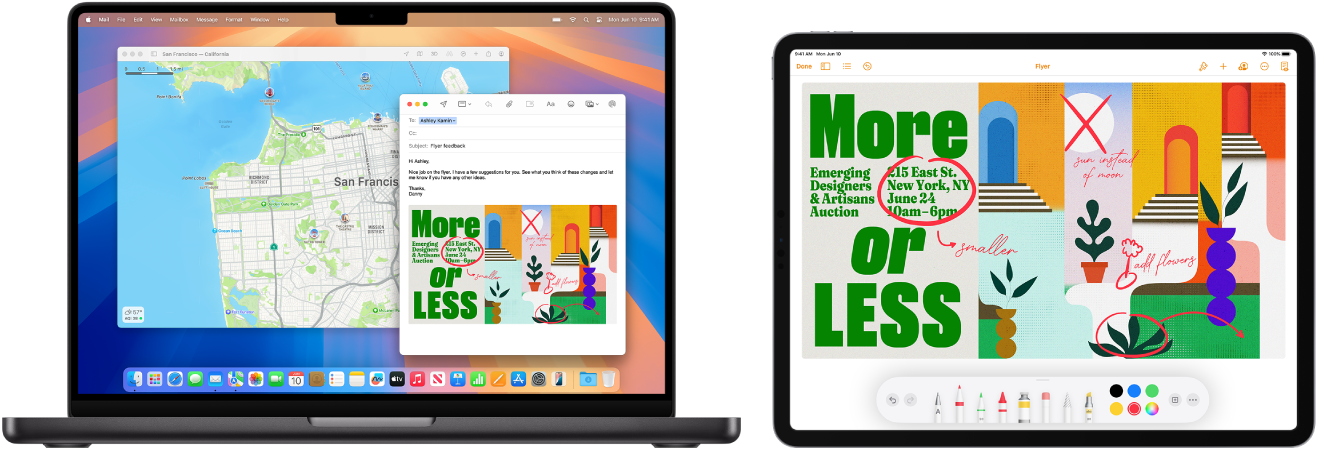 جهازا MacBook Pro و iPad يظهران بجوار بعضهما. تعرض شاشة iPad نشرة إعلانية بها تعليقات توضيحية. تحتوي شاشة MacBook Pro على رسالة بريد تظهر بها النشرة الإعلانية ذات التعليقات التوضيحية واردة من iPad كمرفق.
