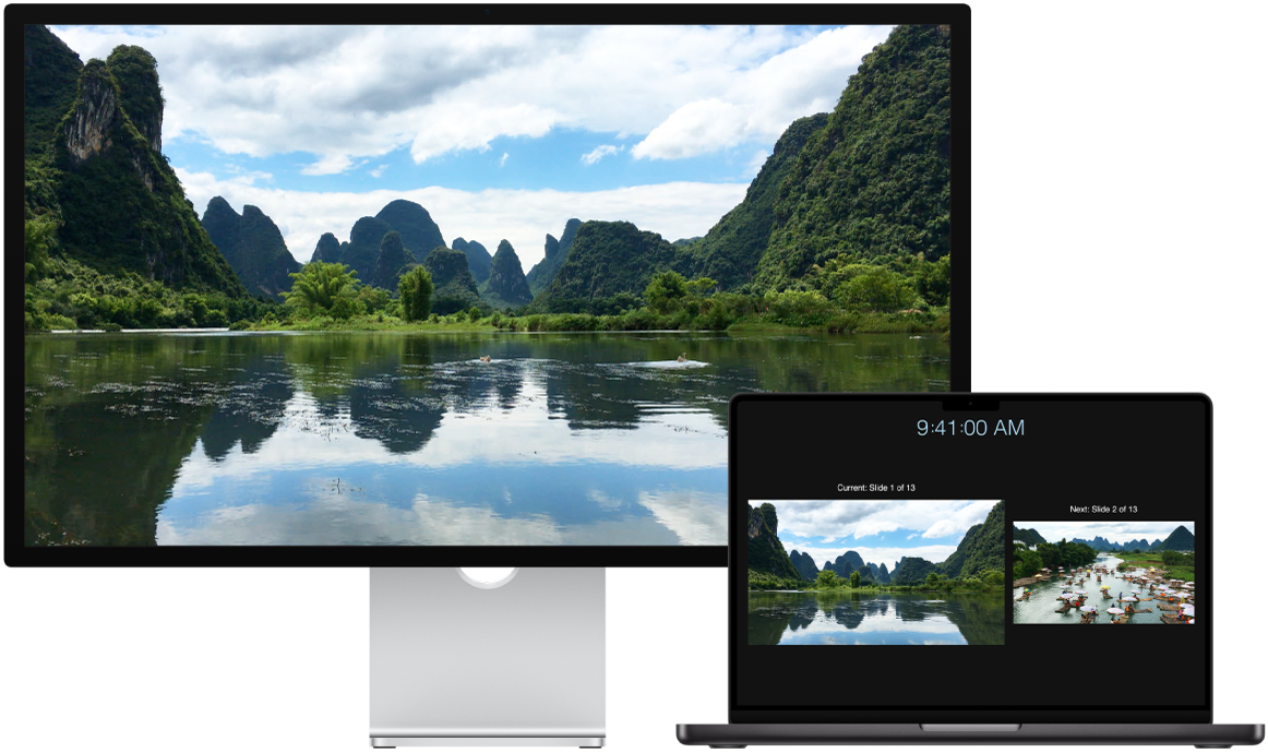 Un MacBook Pro de 14 pulgadas junto a una pantalla Studio Display que se utiliza como pantalla externa.