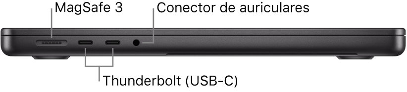 La vista del lado izquierdo de un MacBook Pro de 14 pulgadas con llamadas al puerto MagSafe 3, dos puertos Thunderbolt 4 (USB-C) y el conector para auriculares.