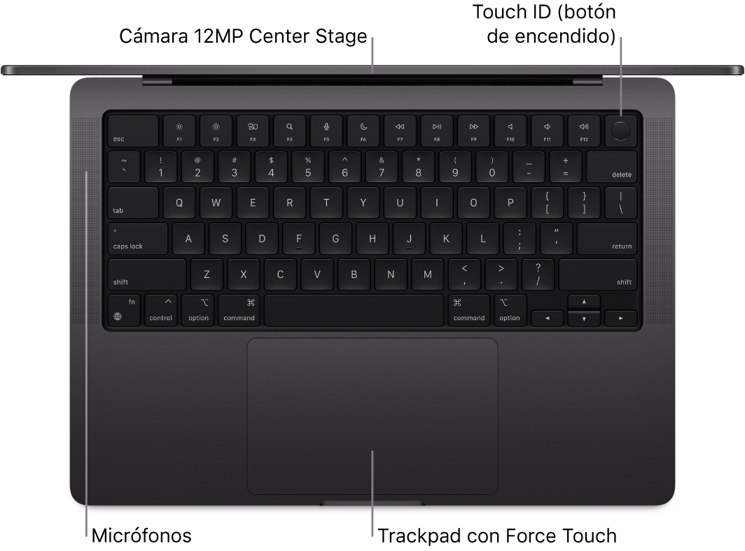 MacBook Pro de 16 pulgadas abierto, visto desde arriba, con indicaciones sobre dónde se encuentran la cámara FaceTime HD, el Touch ID (botón de arranque), los micrófonos y el trackpad Force Touch.