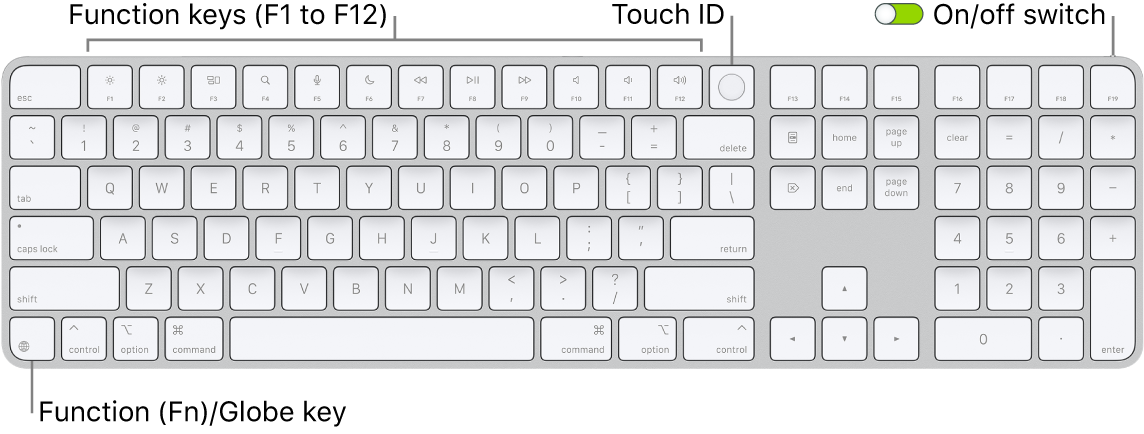 The Magic Keyboard with Touch ID and Numeric Keypad showing the row of function keys and Touch ID across the top, and the Function (Fn)/Globe key to the right of the Delete key.