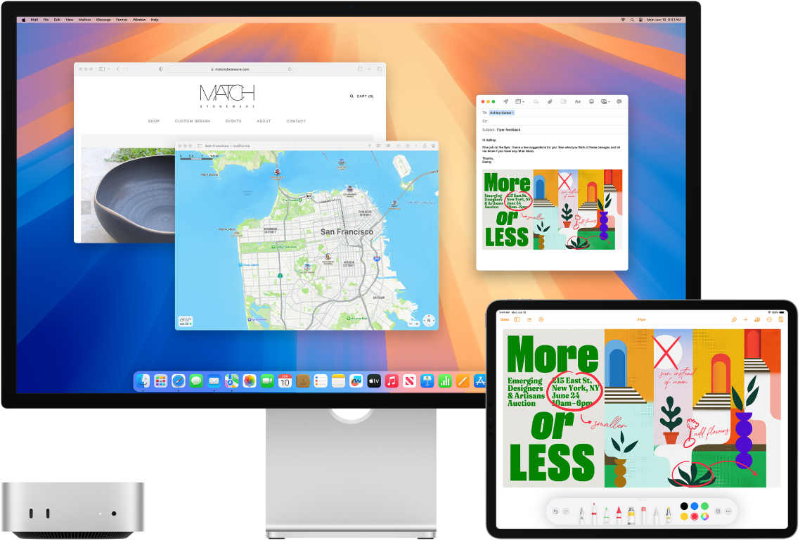 Un Mac mini con un iPad al lado. La pantalla del iPad muestra un anuncio con anotaciones. En la pantalla del Mac mini hay abierto un mensaje de Mail con el anuncio anotado del iPad como archivo adjunto.