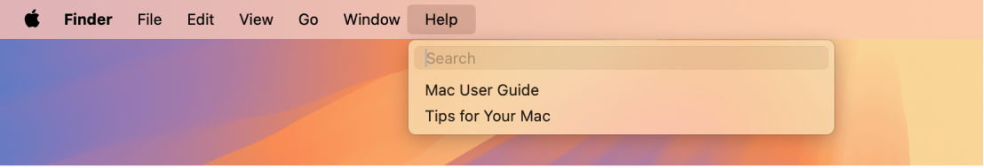 Vista parcial del escritorio con el menú Ayuda abierto y las opciones de menú de Buscar y “Ayuda de macOS”.