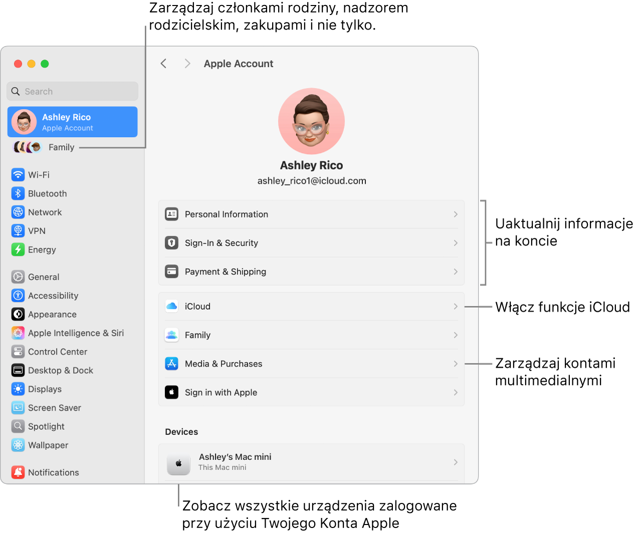 Ustawienia konta Apple w Ustawieniach systemowych z dymkami pomocy o uaktualnieniu danych konta, włączaniu lub wyłączaniu funkcji iCloud, zarządzaniu kontami multimedialnymi, oraz chmurą rodzinną, gdzie możesz zarządzać ustawieniami członków rodziny, nadzorem rodzicielskim, zakupami i nie tylko.