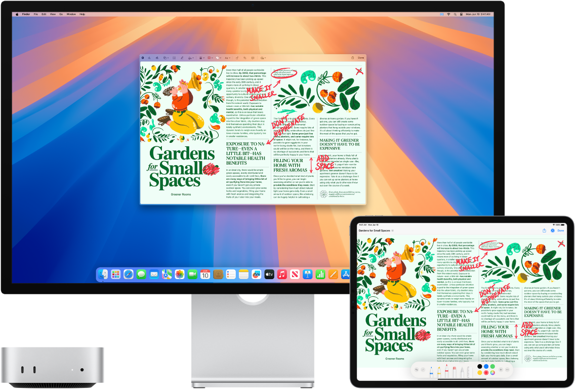 Um Mac mini e um iPad lado a lado. Ambas as telas mostram um artigo coberto de edições vermelhas manuscritas, como sentenças riscadas, setas e palavras adicionadas. O iPad também tem controles de marcação na parte inferior da tela.