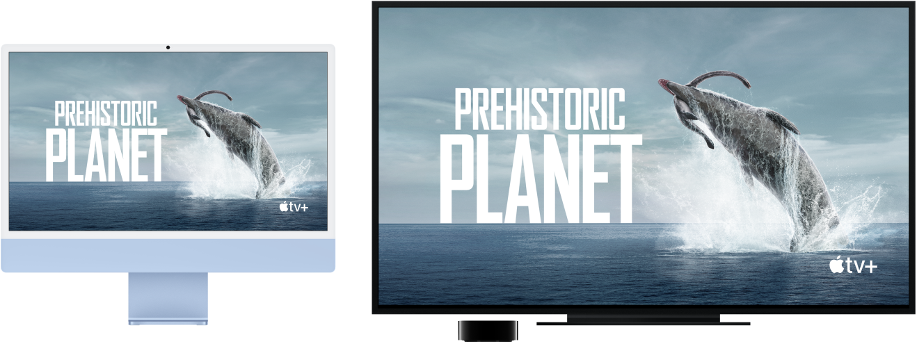 An iMac with its content mirrored on a large HDTV using an Apple TV.