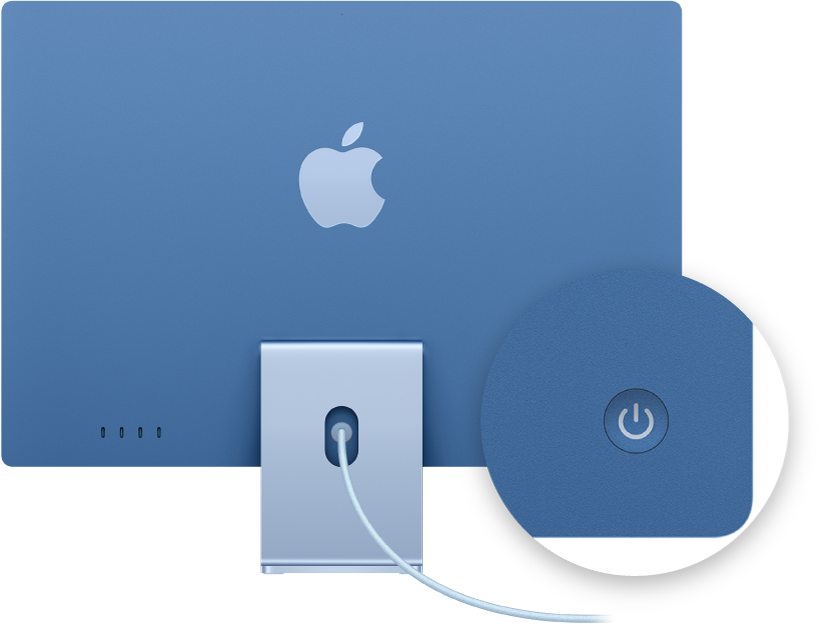 Vista trasera de un iMac de 24 pulgadas donde se señala el botón de encendido.