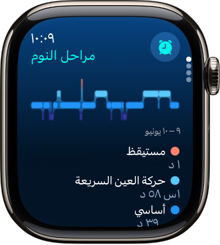 تطبيق النوم يظهر به الوقت التقديري الذي تقضيه مستيقظًا وحركة العين السريعة والنوم الأساسي والنوم العميق.