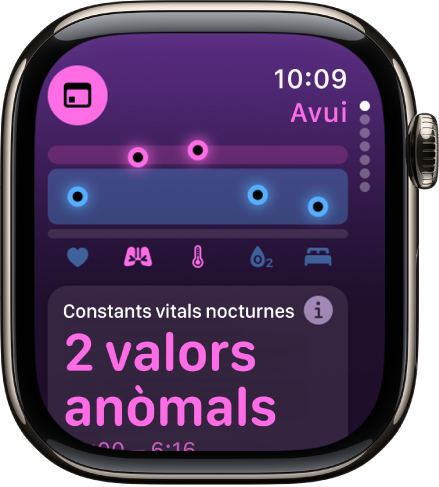 Una pantalla de l’app Constants Vitals amb dos valors anòmals en les mètriques nocturnes.