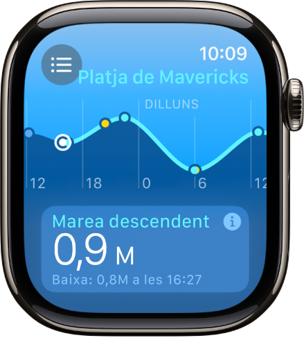 Una pantalla de l’app “Marees” amb la informació de marees d’una ubicació.