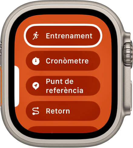 A la pantalla “Canvi ràpid” es mostren les accions que es poden assignar al botó “Acció”, com ara “Entrenament”, “Cronòmetre” o “Punt de referència”.