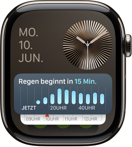 Der Smart-Stapel der Apple Watch zeigt das Widget „Timer“ an vorderster Stelle sowie zwei andere Widgets dahinter.