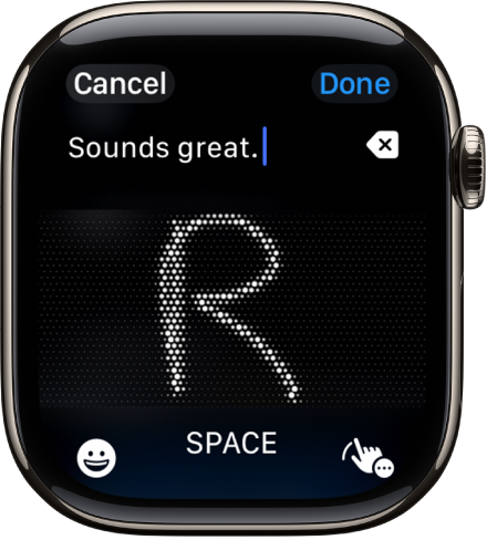 The text field screen showing a letter written with Scribble. The Emoji and Scribble buttons are at the bottom of the screen.