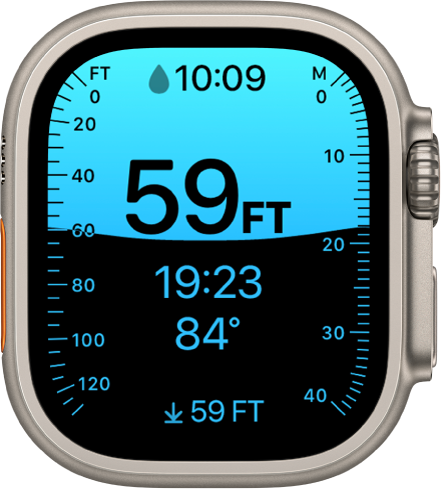 A Depth screen on Apple Watch Ultra, showing the current depth, elapsed time, and water temperature.