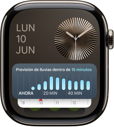 El grupo inteligente del Apple Watch con el widget de Temporizador en frente y dos widgets detrás.
