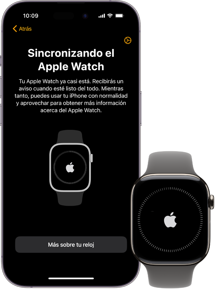 Un iPhone y un Apple Watch con sus respectivas pantallas de sincronización.