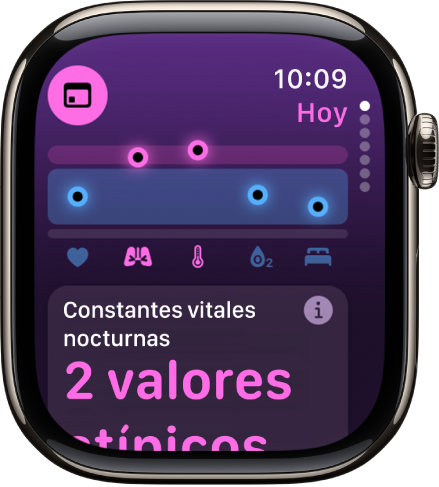 Pantalla de la app Constantes Vitales con dos valores atípicos de las métricas nocturnas.