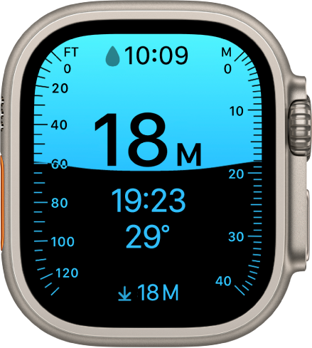 Una pantalla de Profundidad en Apple Watch Ultra que muestra la profundidad actual, el tiempo transcurrido y la temperatura del agua.