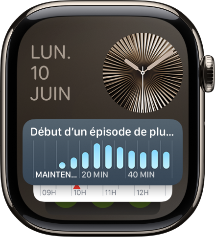 Défilement intelligent sur l’Apple Watch affichant le widget Minuteur devant et deux widgets derrière.