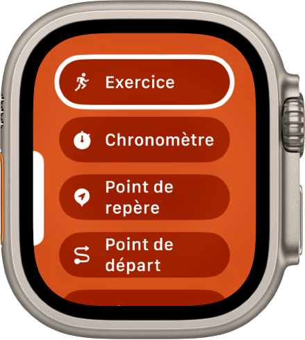 L’écran « Permutation rapide » affichant les actions pouvant être assignées au bouton Action, comme Exercice, Minuteur et Point de repère.