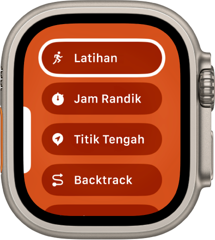 Skrin Penukaran Cepat menunjukkan tindakan yang boleh ditetapkan ke butang Tindakan, seperti Latihan, Jam Randik dan Titik Tengah.