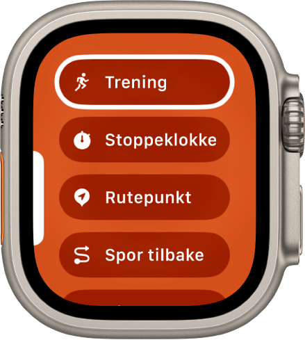 Hurtigbytte-skjermen som viser handlingene som kan tildeles til handlingsknappen, for eksempel Treningsøkt, Stoppeklokke og Rutepunkt.