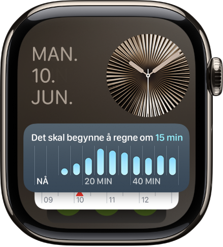 Smart stabel på Apple Watch viser Tidtaker-widgeten foran, og to widgeter bak den.